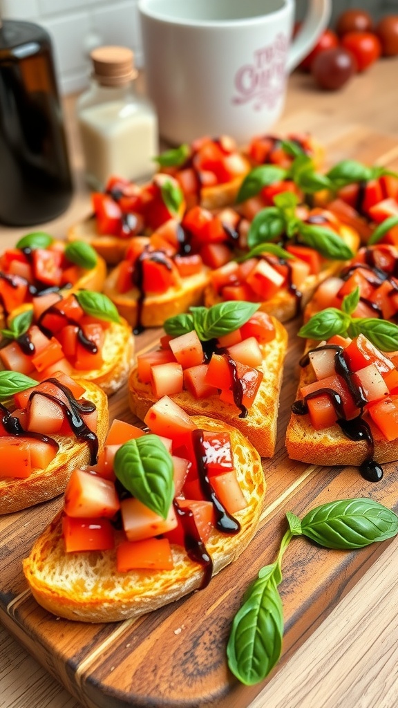 A delicious platter of bruschetta with tomato and basil on toasted baguette slices, garnished with balsamic glaze.